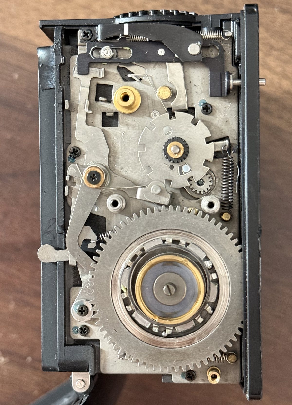 Stock Mamiya 645 Pro frame spacing assembly inside the opened film back