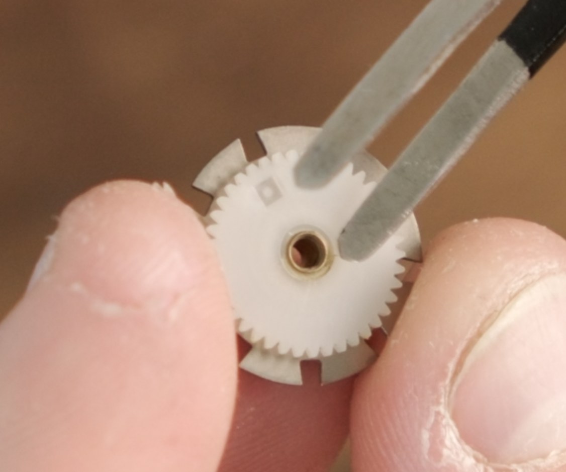 Close-up of the brass retaining flange inside the white plastic gear.