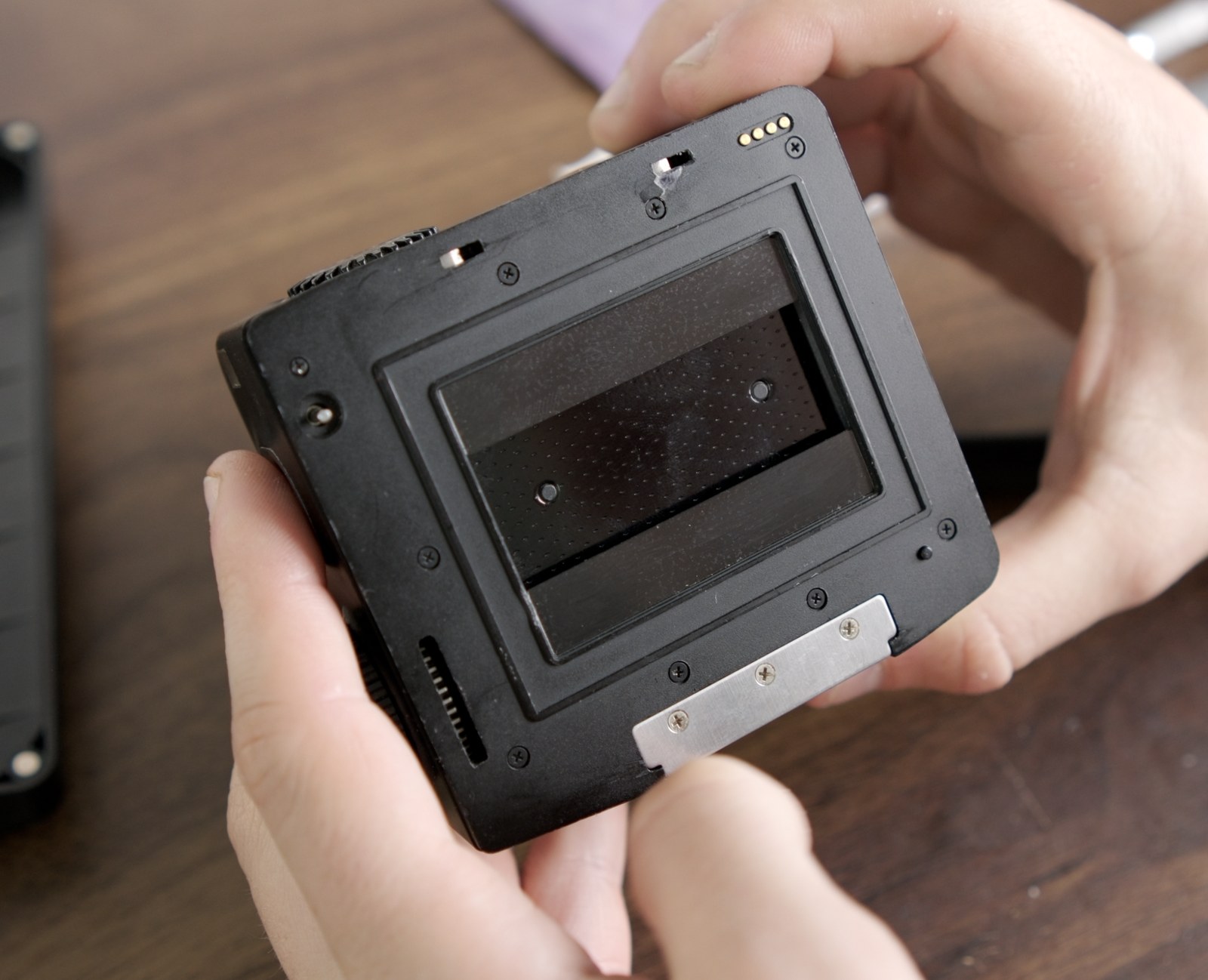 Completed Mamiya 645 Pro film back after MamiyaPan Pro installation.