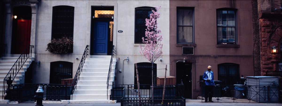 Brownstone facade with cherry blossom
